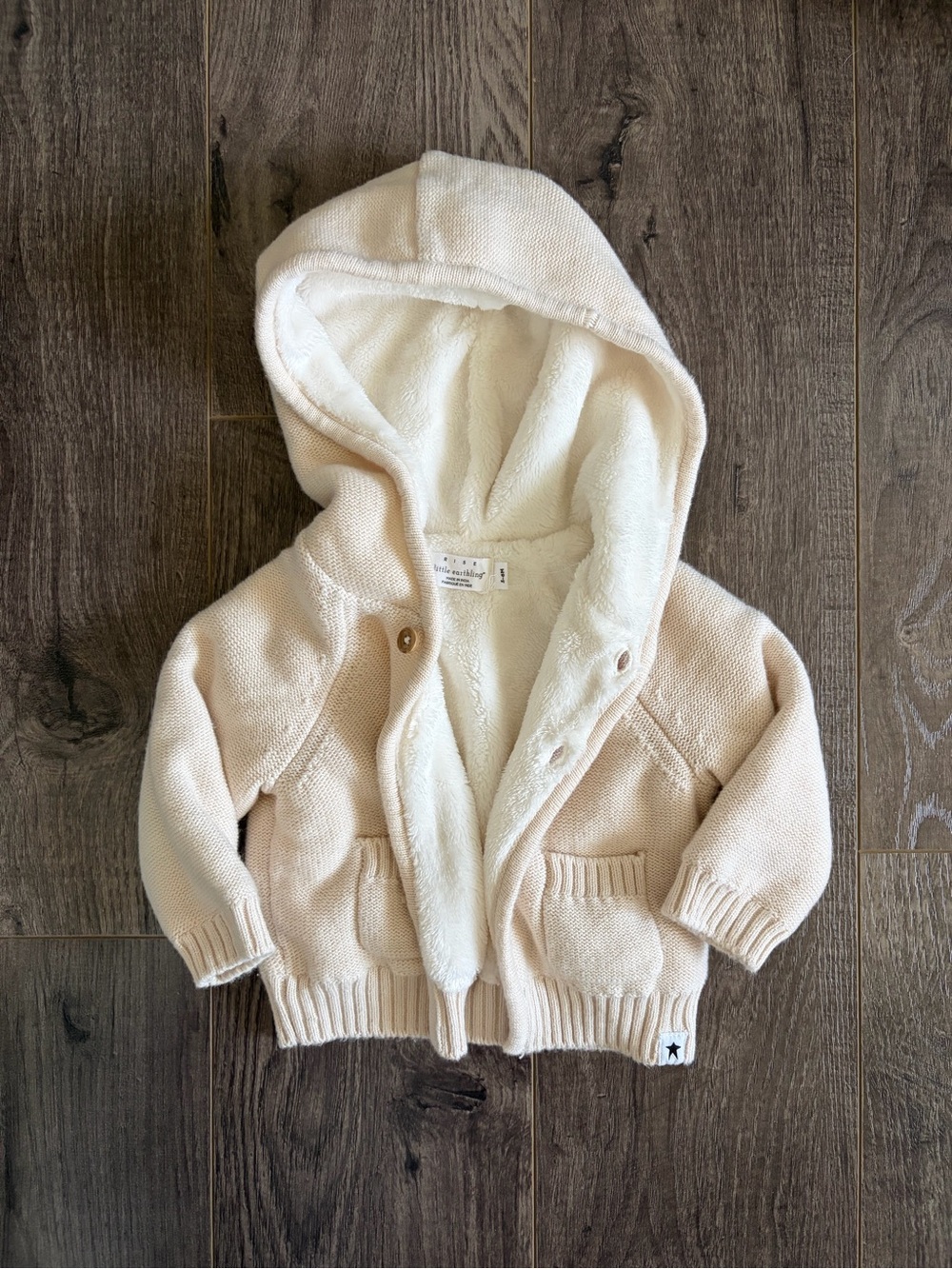 Rise Little Earthling Cream Plush Hooded Baby Jacket, 3-6 Months